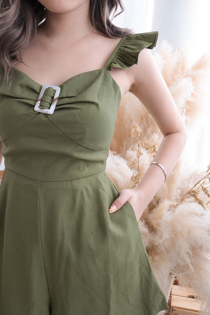 BOLD BUCKLE RUFFLE PLAYSUIT (OLIVE)